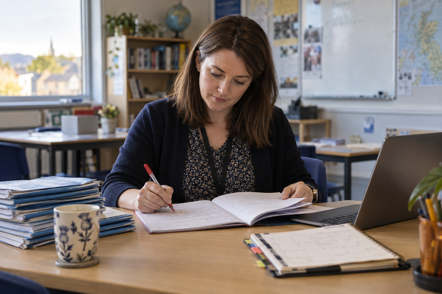 Teacher reviewing planning notes at a classroom desk