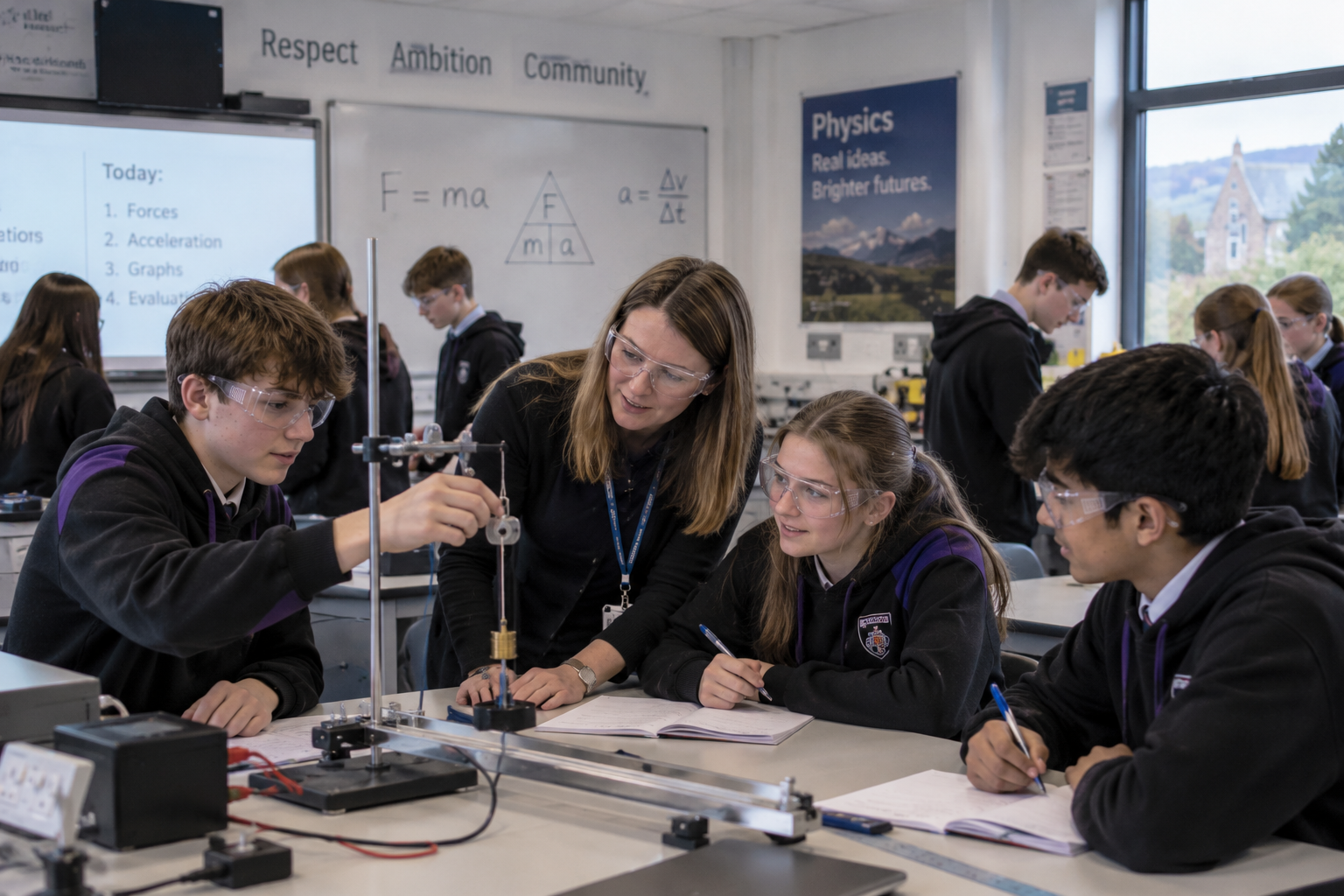 Teacher supporting pupils during a practical physics lesson