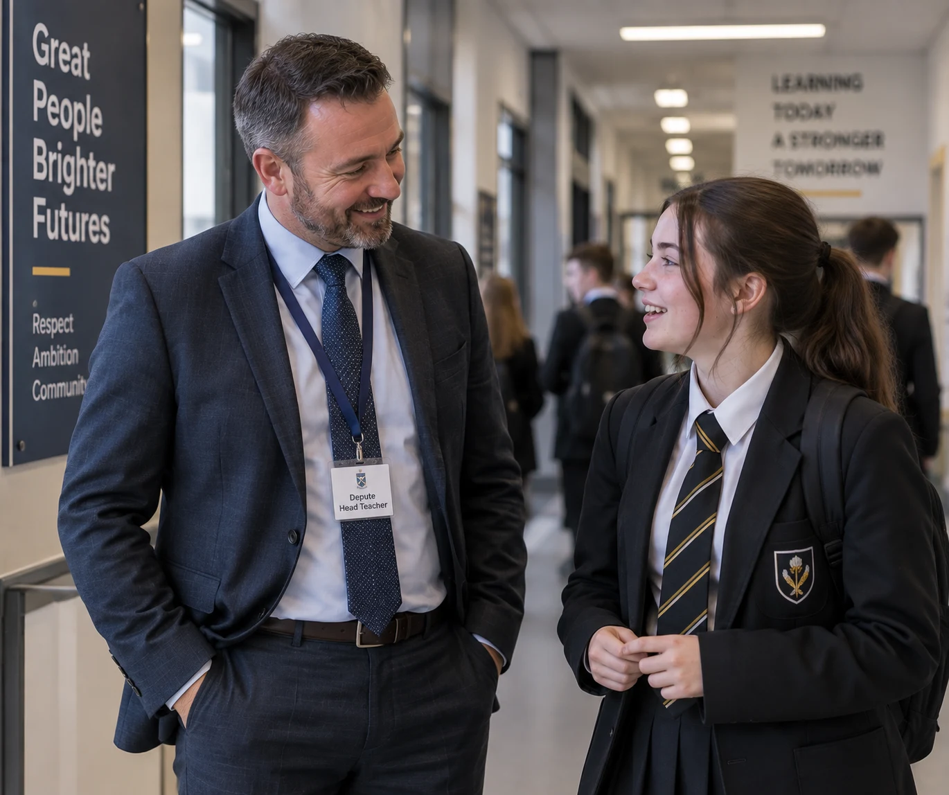 A school leader speaking with a pupil in a Scottish secondary school