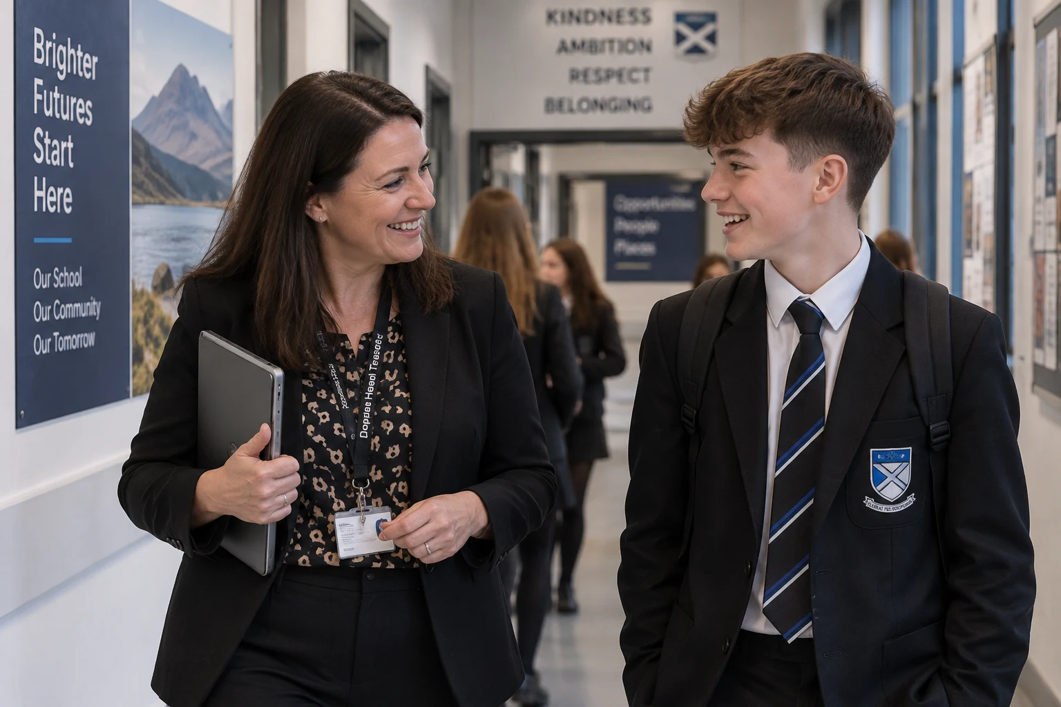 A school leader speaking with a pupil in a Scottish secondary school corridor