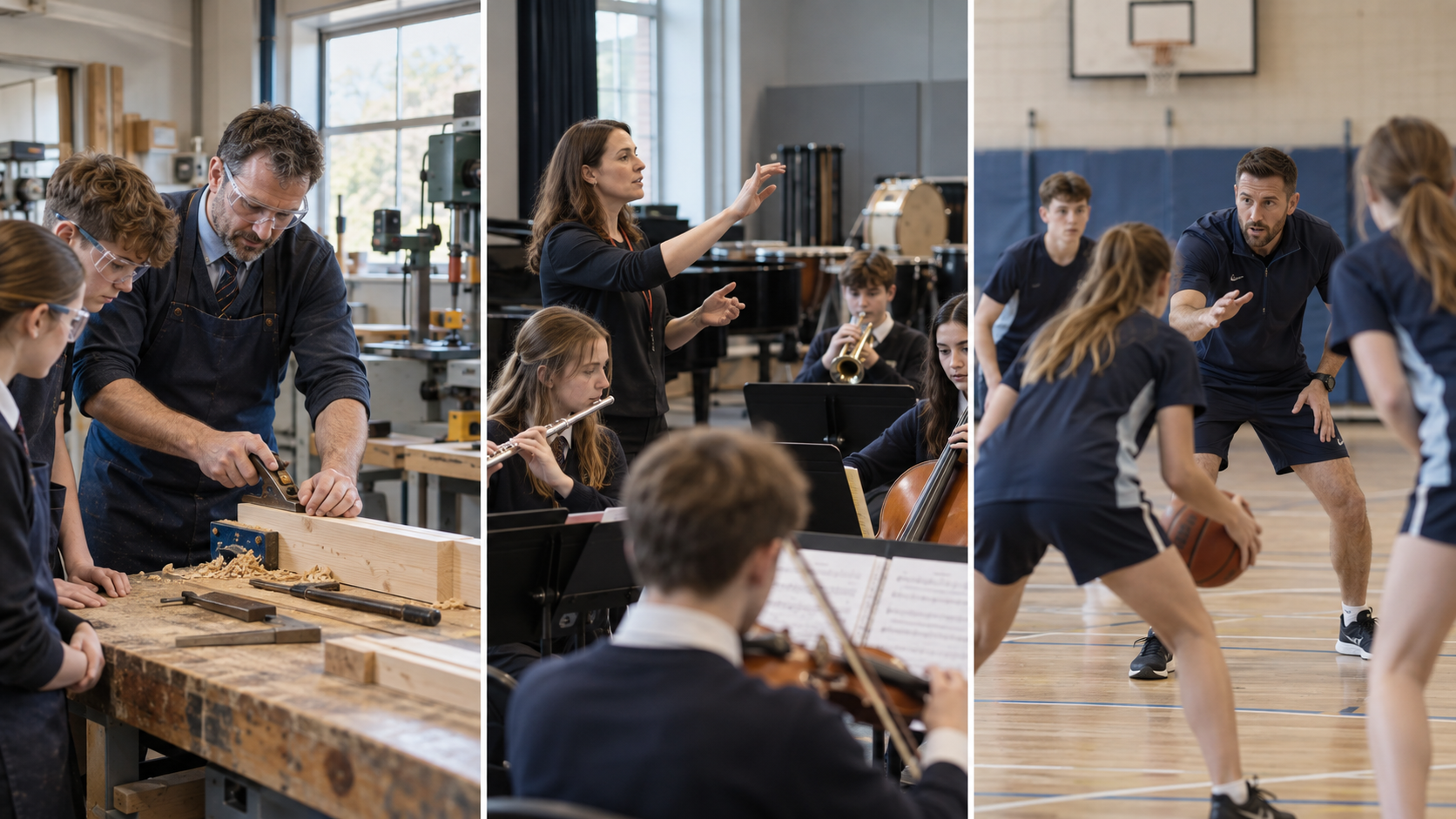 Specialist teachers leading technical, music and physical education lessons