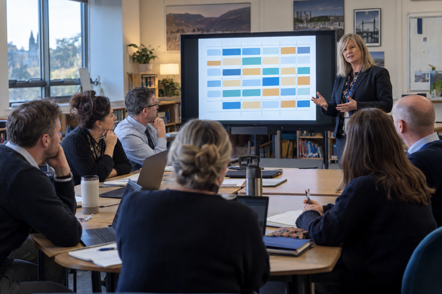 School staff discussing a timetable during a meeting